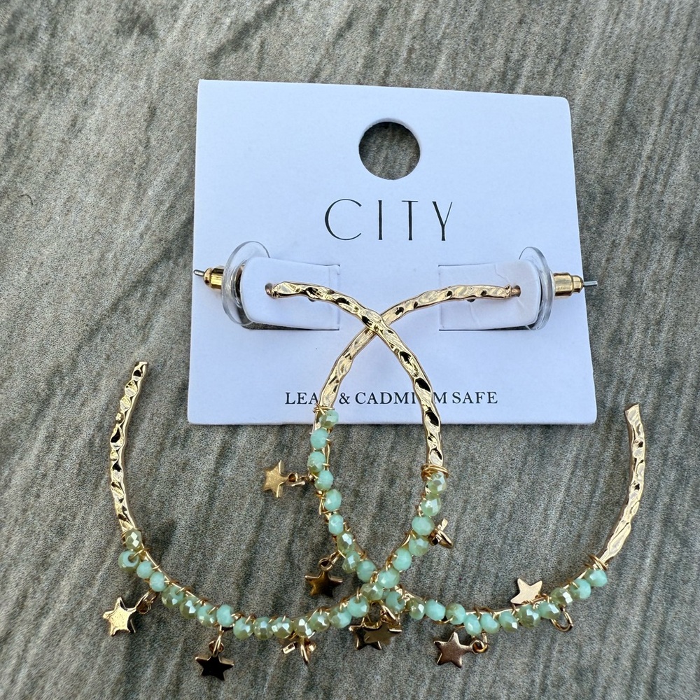 NWT! Gold and Mint Hoop Earrings with Star Dangle Accents